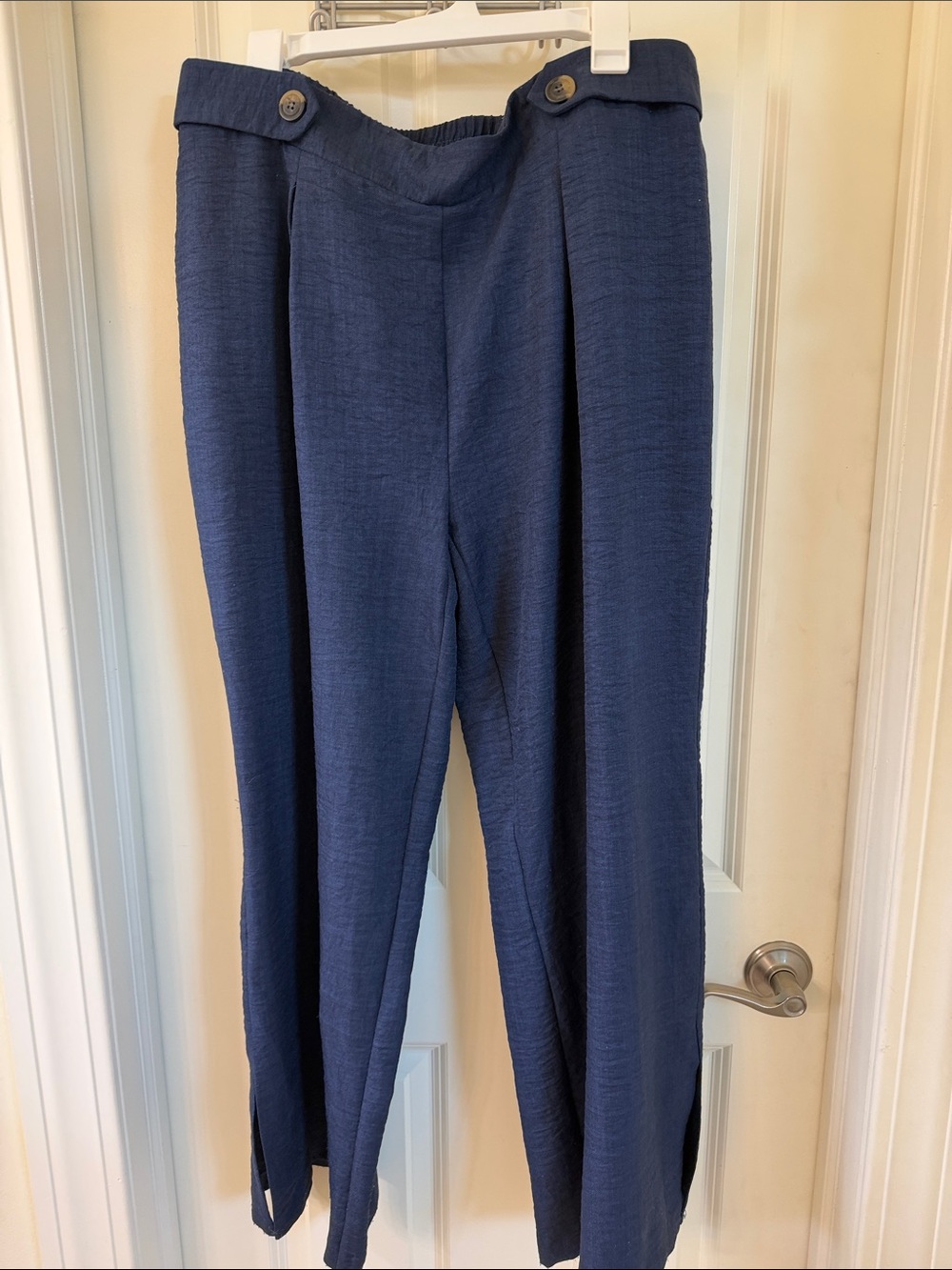 Wren Navy Wide-Leg High-Rise Pants with Button Waist